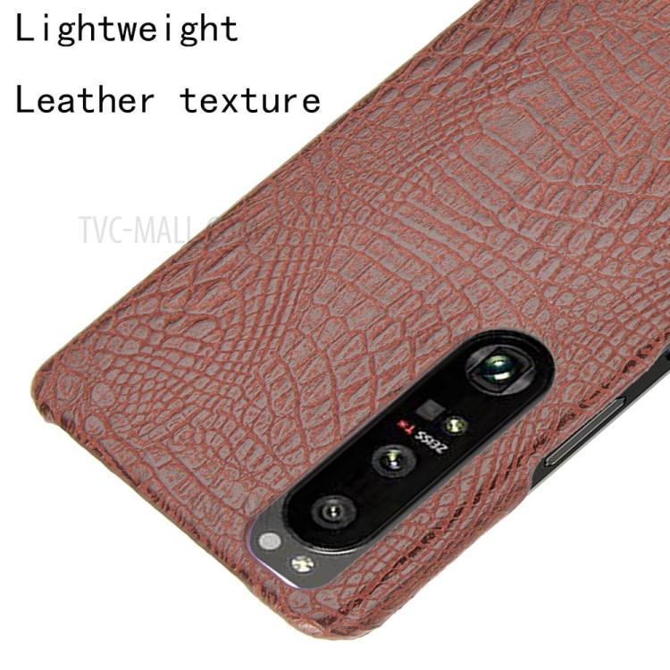 Crocodile Texture Phone Case for Sony Xperia 1 III 5G, Leather Coated Hard PC Phone Cover - Brown