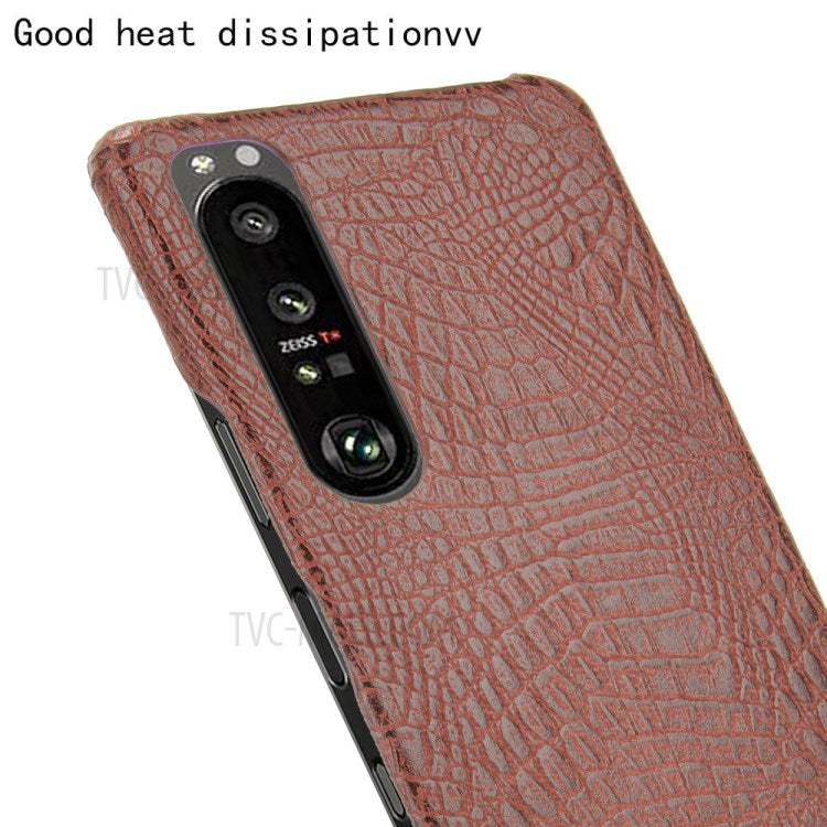 Crocodile Texture Phone Case for Sony Xperia 1 III 5G, Leather Coated Hard PC Phone Cover - Brown