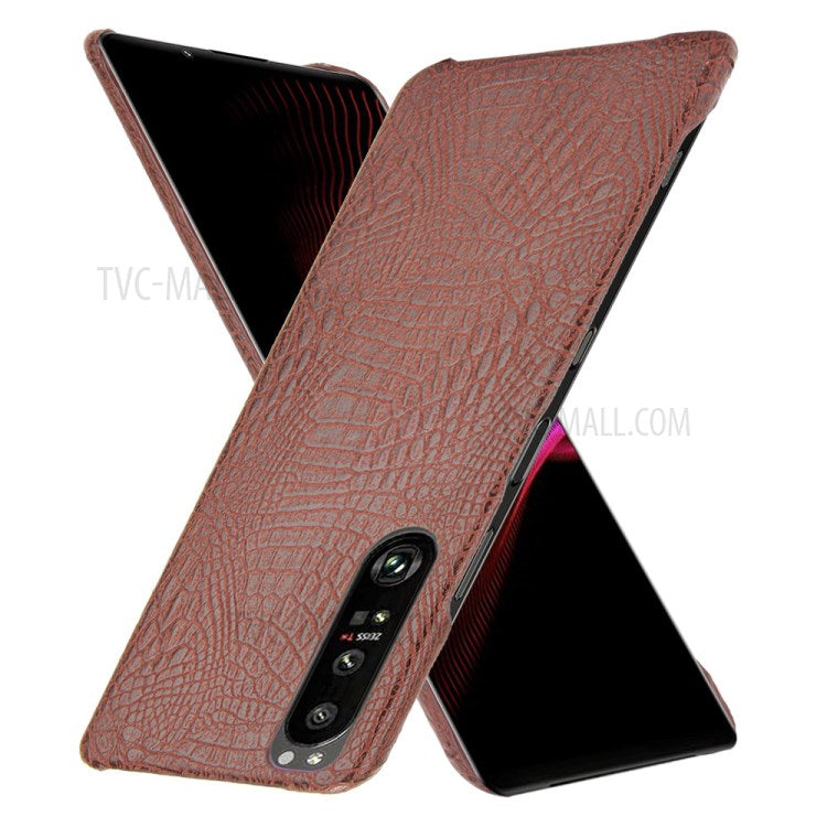 Crocodile Texture Phone Case for Sony Xperia 1 III 5G, Leather Coated Hard PC Phone Cover - Brown