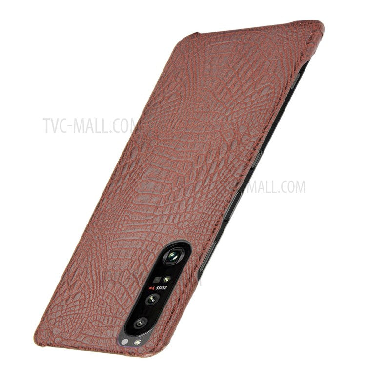 Crocodile Texture Phone Case for Sony Xperia 1 III 5G, Leather Coated Hard PC Phone Cover - Brown