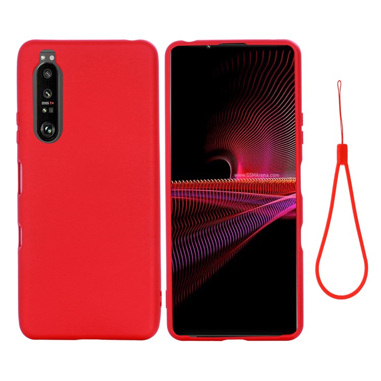 Solid Color Liquid Silicone Well-Protected Phone Protective Shell with Strap for Sony Xperia 1 III 5G - Red