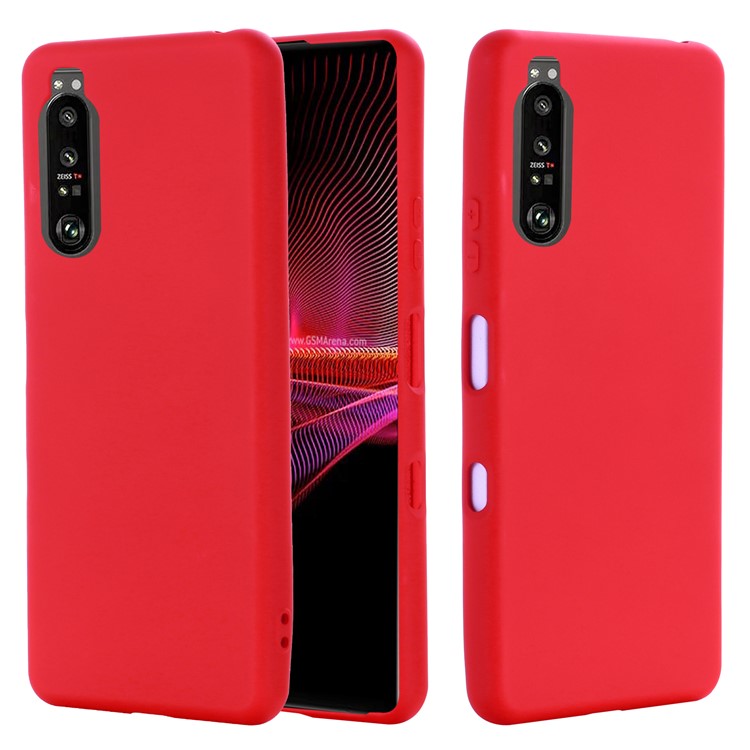Solid Color Liquid Silicone Well-Protected Phone Protective Shell with Strap for Sony Xperia 1 III 5G - Red
