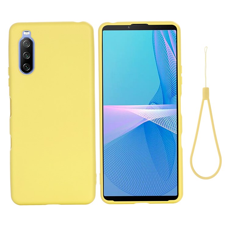 Solid Color Well-Protected Liquid Silicone Phone Protective Shell with Strap for Sony Xperia 10 III 5G - Yellow