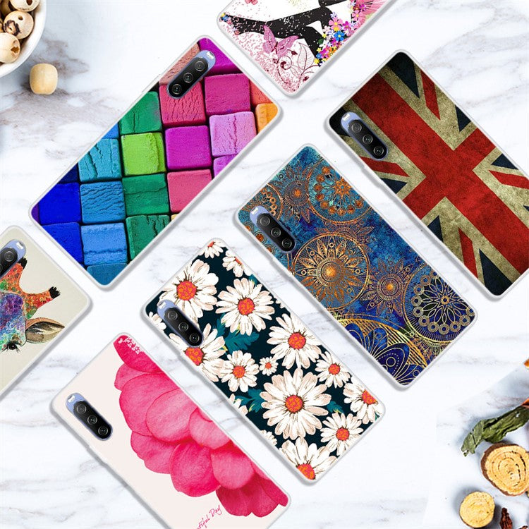 Full Protection Pattern Printing Flexible TPU Phone Cover Case for Sony Xperia 10 III 5G - White Base Flower