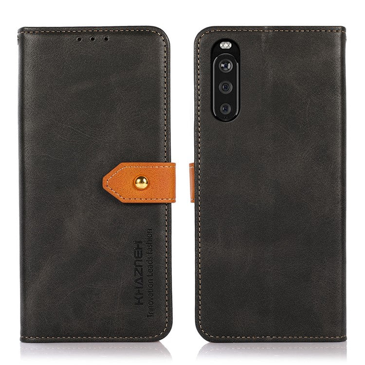 KHAZNEH Golden Magnetic Clasp Dual Color Stand Wallet Leather Phone Case for Sony Xperia 10 III 5G - Black