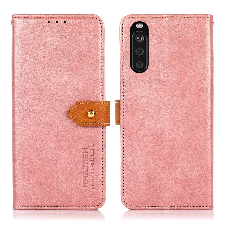 KHAZNEH Golden Magnetic Clasp Dual Color Stand Wallet Leather Phone Case for Sony Xperia 10 III 5G - Rose Gold