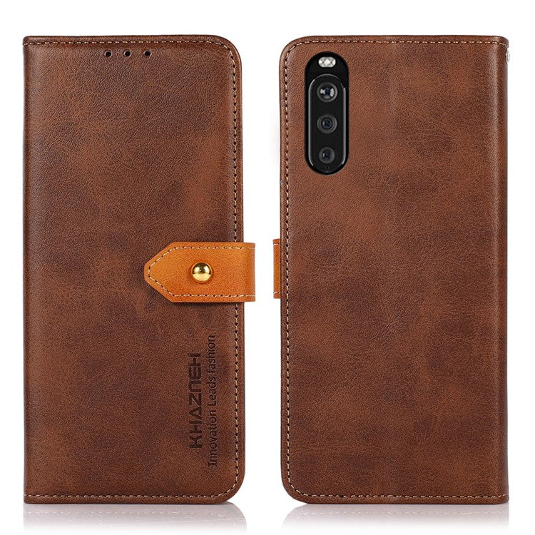 KHAZNEH Golden Magnetic Clasp Dual Color Stand Wallet Leather Phone Case for Sony Xperia 10 III 5G - Brown