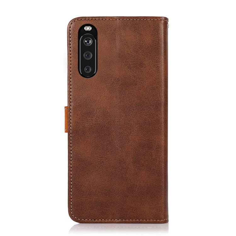 KHAZNEH Golden Magnetic Clasp Dual Color Stand Wallet Leather Phone Case for Sony Xperia 10 III 5G - Brown