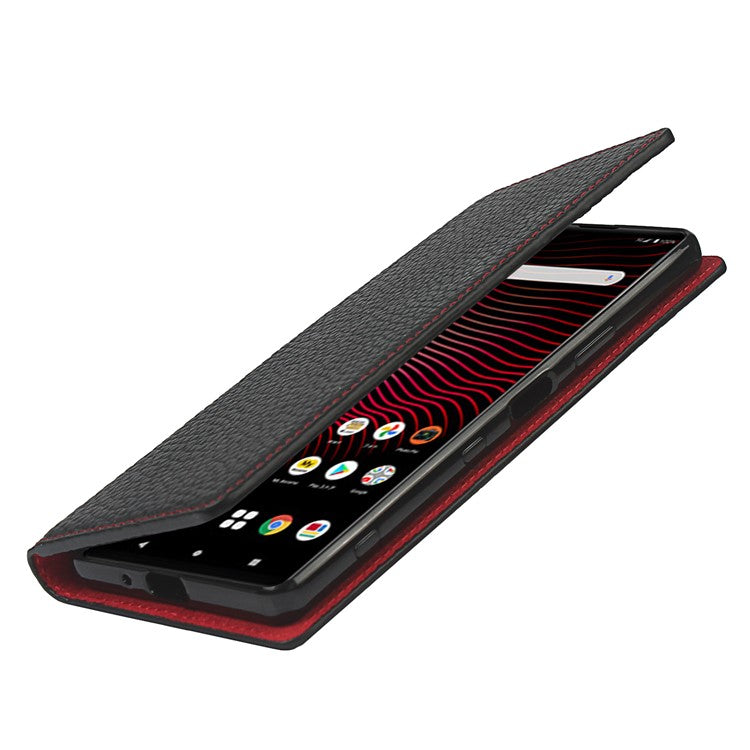 Litchi Texture Genuine Leather Stand Case Wallet Phone Cover for Sony Xperia 1 III 5G - Black