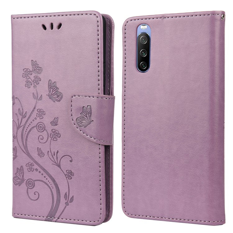 Imprinted Butterfly PU Leather Flip Wallet Full Protective Case Cover Stand for Sony Xperia 10 III 5G - Light Purple