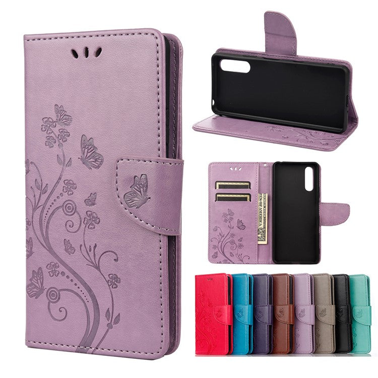 Imprinted Butterfly PU Leather Flip Wallet Full Protective Case Cover Stand for Sony Xperia 10 III 5G - Light Purple