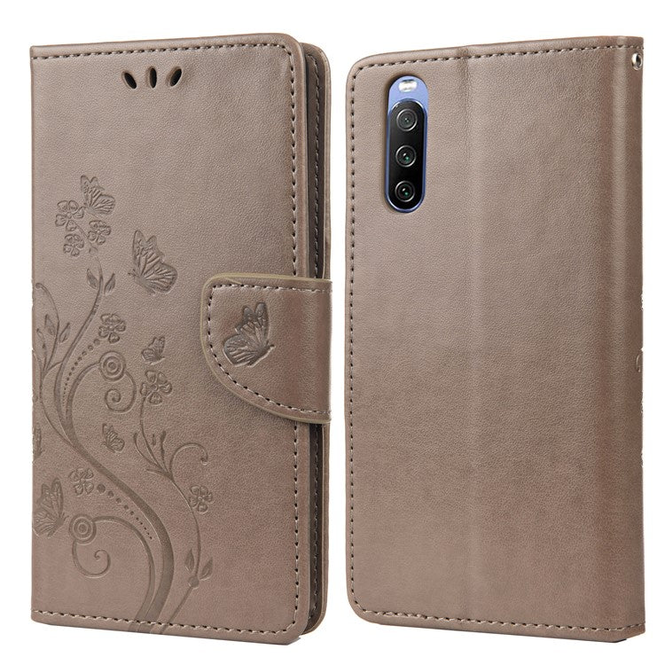 Imprinted Butterfly PU Leather Flip Wallet Full Protective Case Cover Stand for Sony Xperia 10 III 5G - Grey