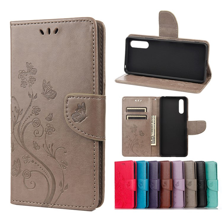Imprinted Butterfly PU Leather Flip Wallet Full Protective Case Cover Stand for Sony Xperia 10 III 5G - Grey