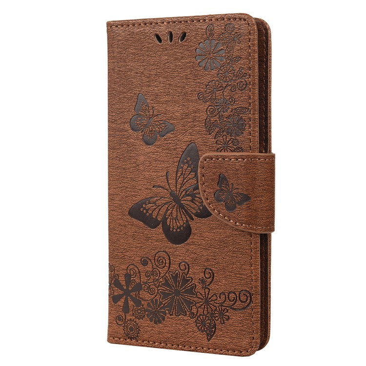 Butterfly Flower Imprinted PU Leather Wallet Magnetic Flip Protective Cover for Sony Xperia 10 III 5G - Brown