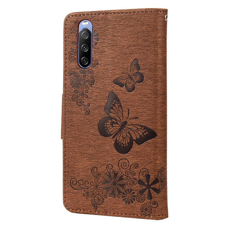Butterfly Flower Imprinted PU Leather Wallet Magnetic Flip Protective Cover for Sony Xperia 10 III 5G - Brown