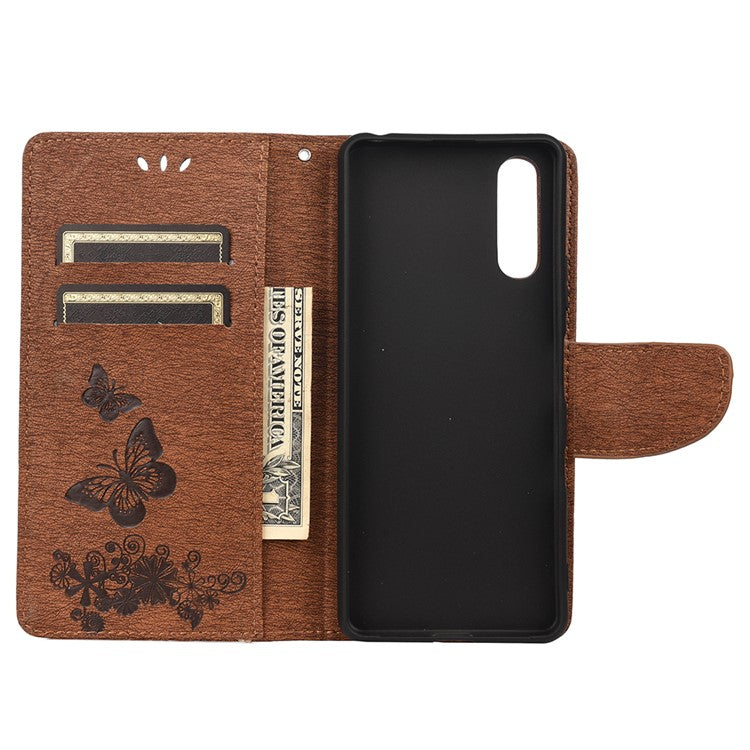Butterfly Flower Imprinted PU Leather Wallet Magnetic Flip Protective Cover for Sony Xperia 10 III 5G - Brown