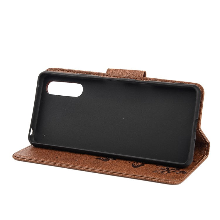 Butterfly Flower Imprinted PU Leather Wallet Magnetic Flip Protective Cover for Sony Xperia 10 III 5G - Brown