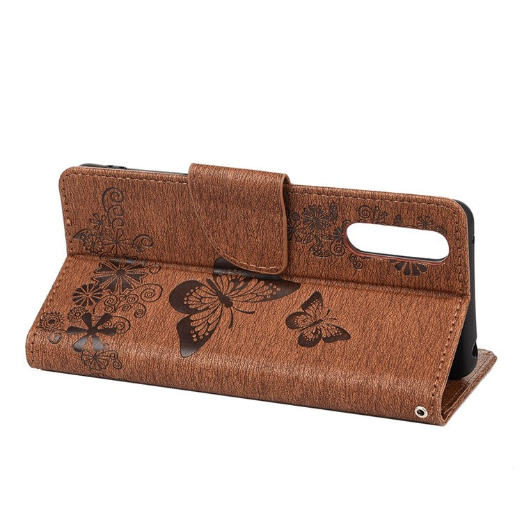 Butterfly Flower Imprinted PU Leather Wallet Magnetic Flip Protective Cover for Sony Xperia 10 III 5G - Brown