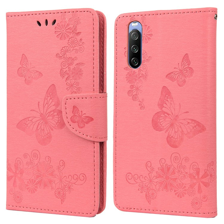 Butterfly Flower Imprinted PU Leather Wallet Magnetic Flip Protective Cover for Sony Xperia 10 III 5G - Pink