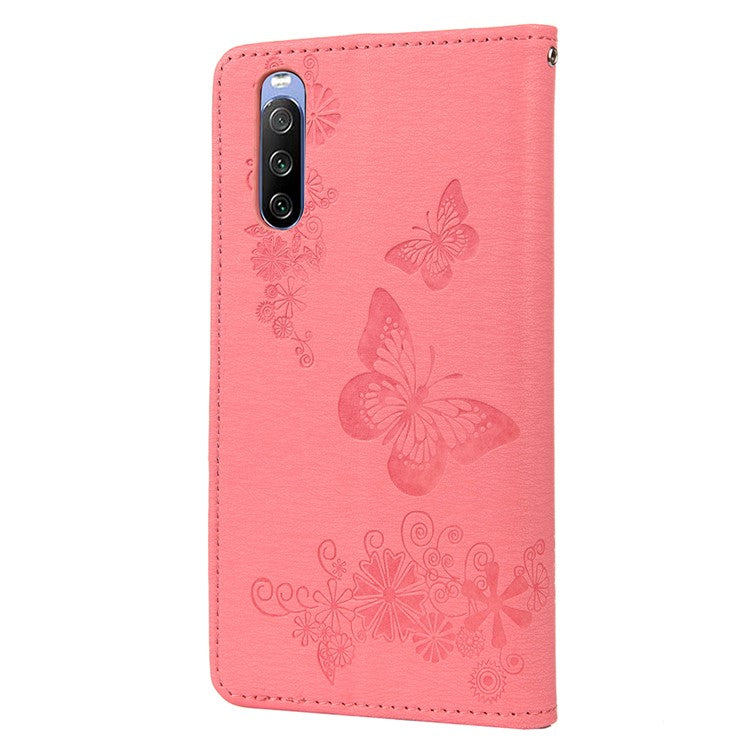 Butterfly Flower Imprinted PU Leather Wallet Magnetic Flip Protective Cover for Sony Xperia 10 III 5G - Pink