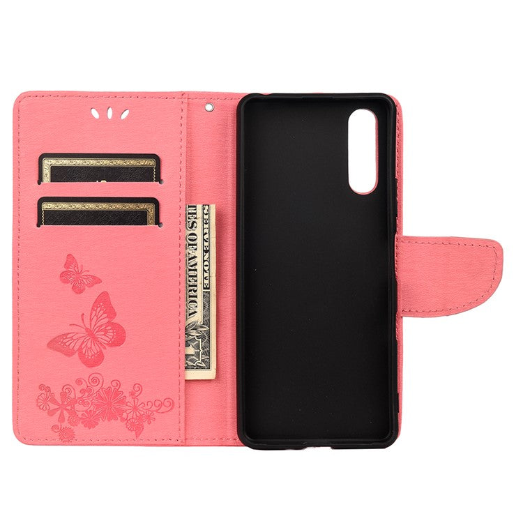 Butterfly Flower Imprinted PU Leather Wallet Magnetic Flip Protective Cover for Sony Xperia 10 III 5G - Pink