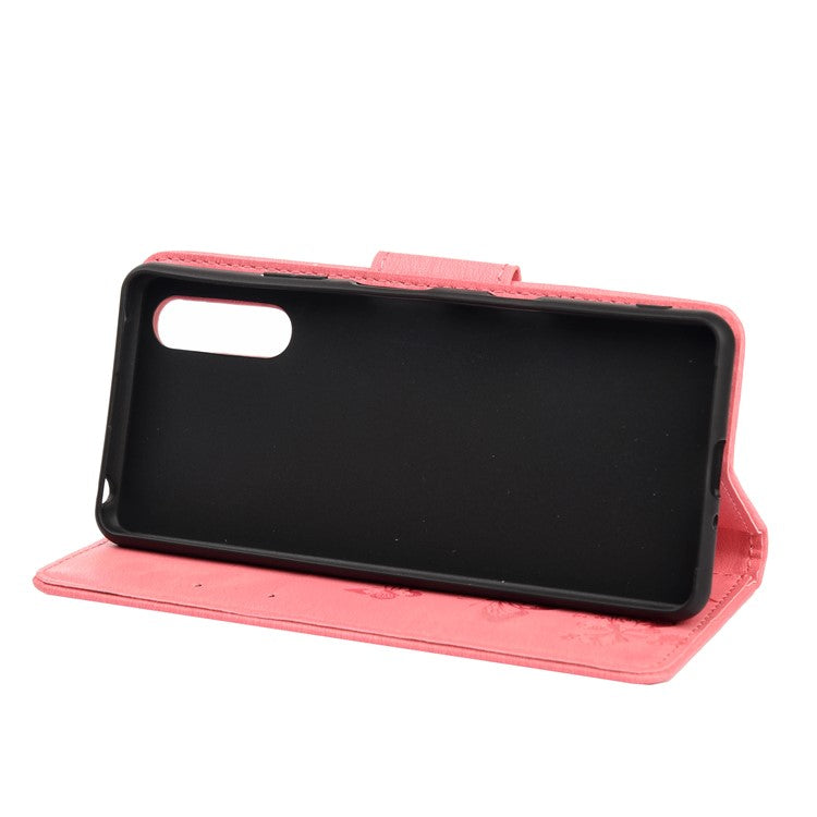 Butterfly Flower Imprinted PU Leather Wallet Magnetic Flip Protective Cover for Sony Xperia 10 III 5G - Pink