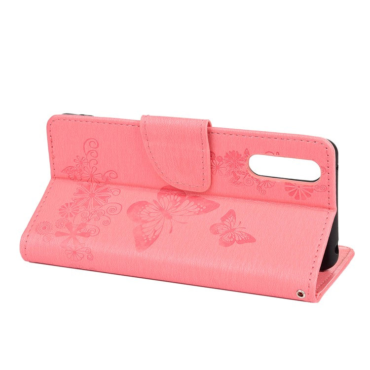 Butterfly Flower Imprinted PU Leather Wallet Magnetic Flip Protective Cover for Sony Xperia 10 III 5G - Pink