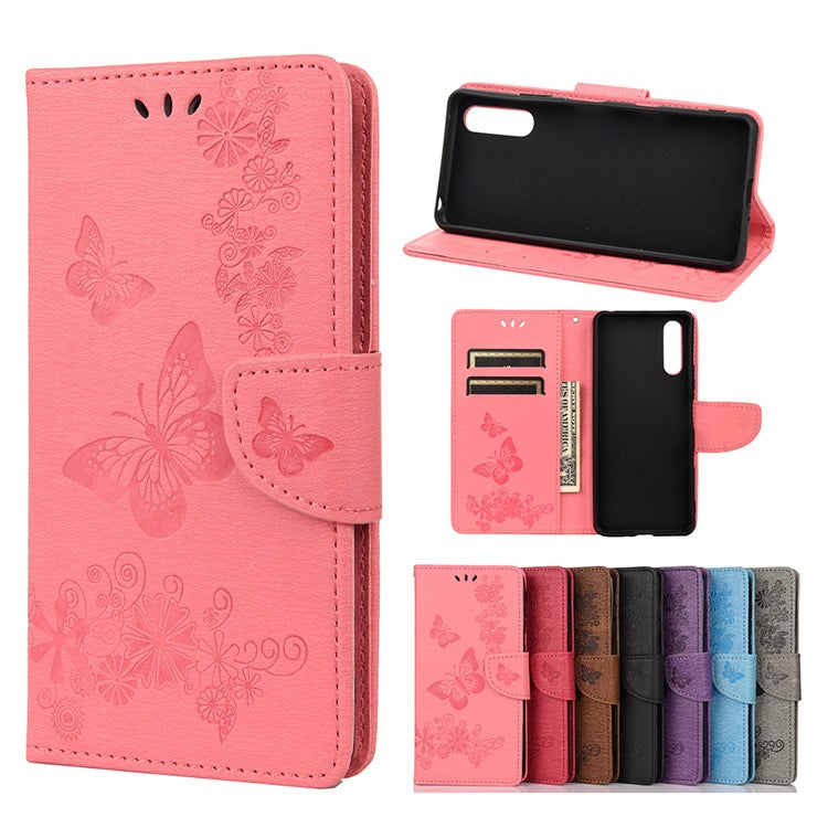 Butterfly Flower Imprinted PU Leather Wallet Magnetic Flip Protective Cover for Sony Xperia 10 III 5G - Pink