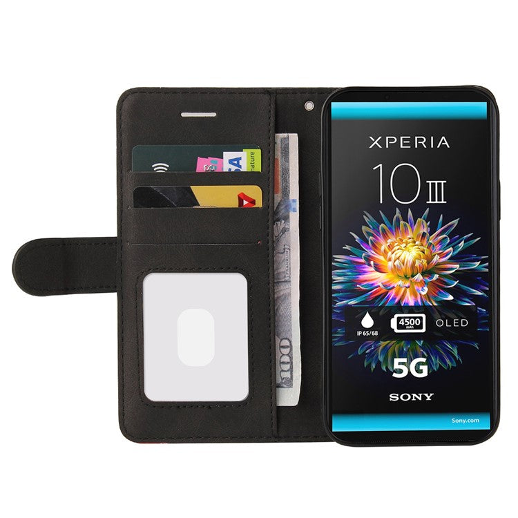 KT Leather Series-1 Fashionable Bi-colour Splicing Style Stand Leather Wallet Case Cover for Sony Xperia 10 III 5G / Xperia 10 III Lite - Black