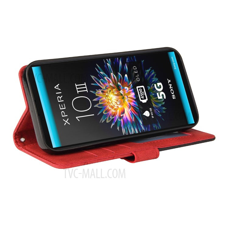 KT Leather Series-1 Fashionable Bi-colour Splicing Style Stand Leather Wallet Case Cover for Sony Xperia 10 III 5G / Xperia 10 III Lite - Red