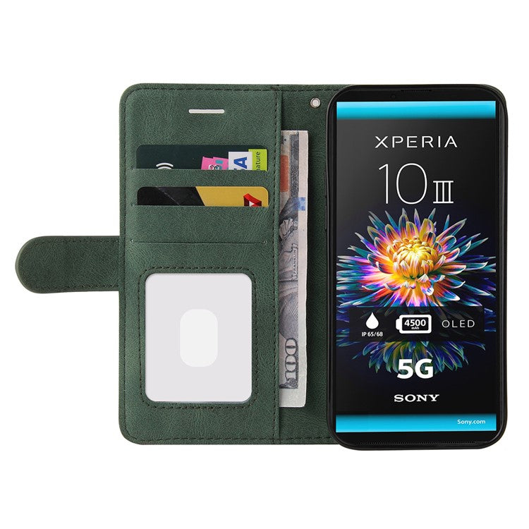 KT Leather Series-1 Fashionable Bi-colour Splicing Style Stand Leather Wallet Case Cover for Sony Xperia 10 III 5G / Xperia 10 III Lite - Green