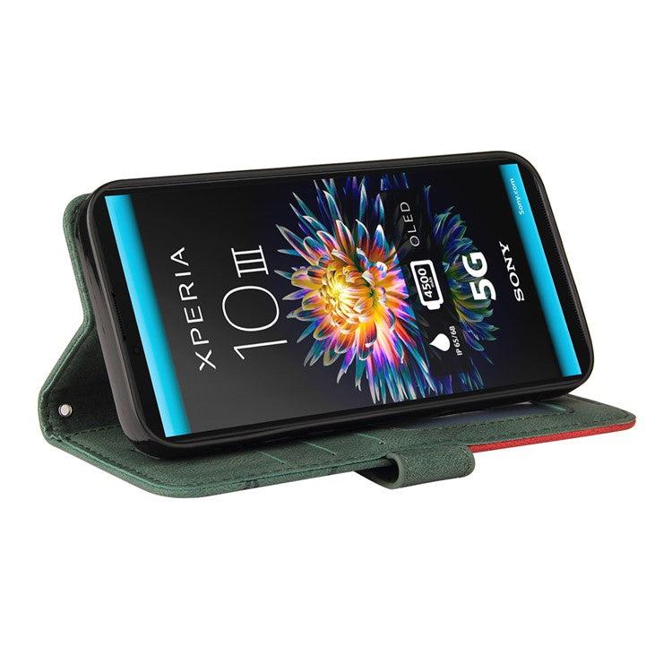 KT Leather Series-1 Fashionable Bi-colour Splicing Style Stand Leather Wallet Case Cover for Sony Xperia 10 III 5G / Xperia 10 III Lite - Green