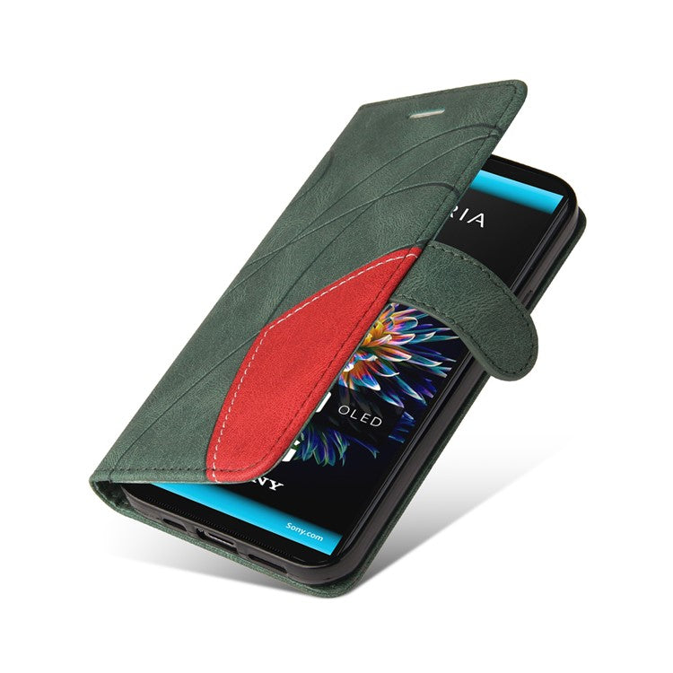 KT Leather Series-1 Fashionable Bi-colour Splicing Style Stand Leather Wallet Case Cover for Sony Xperia 10 III 5G / Xperia 10 III Lite - Green