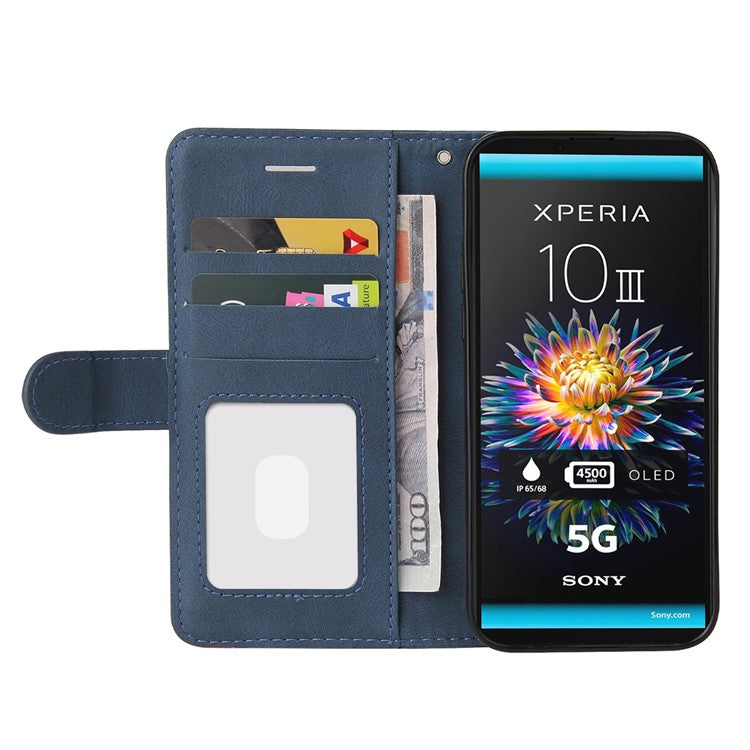 KT Leather Series-1 Fashionable Bi-colour Splicing Style Stand Leather Wallet Case Cover for Sony Xperia 10 III 5G / Xperia 10 III Lite - Blue