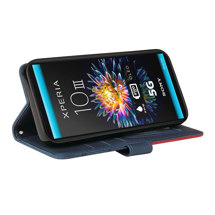 KT Leather Series-1 Fashionable Bi-colour Splicing Style Stand Leather Wallet Case Cover for Sony Xperia 10 III 5G / Xperia 10 III Lite - Blue