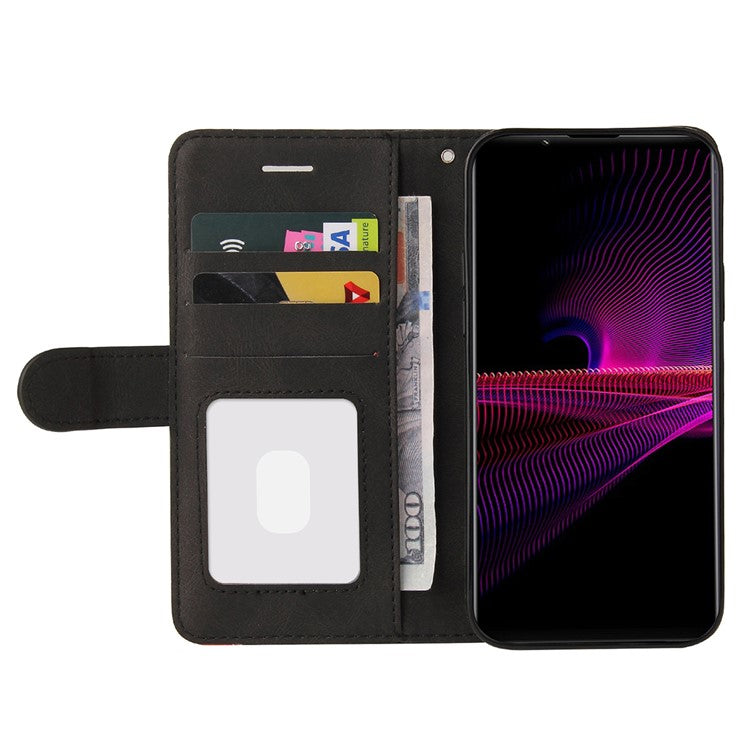 KT Leather Series-1 Bi-color Splicing Style Leather Wallet Phone Cover with Handy Strap for Sony Xperia 1 III 5G - Black