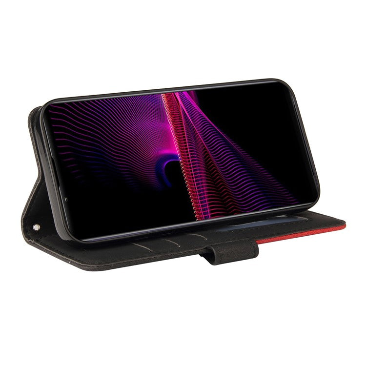 KT Leather Series-1 Bi-color Splicing Style Leather Wallet Phone Cover with Handy Strap for Sony Xperia 1 III 5G - Black