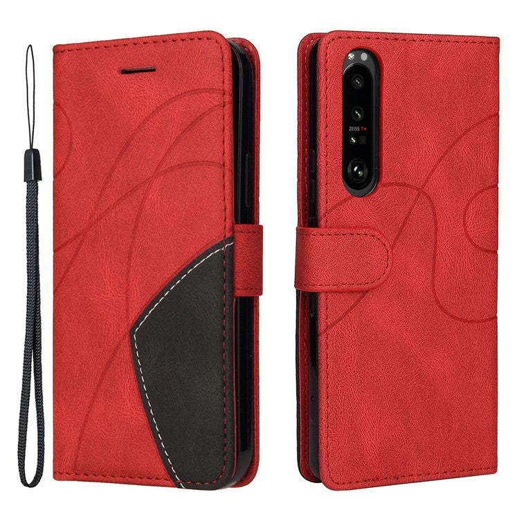KT Leather Series-1 Bi-color Splicing Style Leather Wallet Phone Cover with Handy Strap for Sony Xperia 1 III 5G - Red