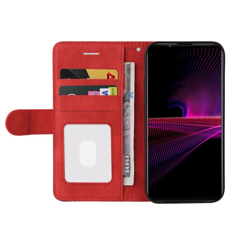 KT Leather Series-1 Bi-color Splicing Style Leather Wallet Phone Cover with Handy Strap for Sony Xperia 1 III 5G - Red