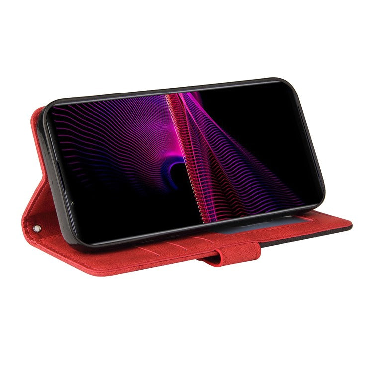 KT Leather Series-1 Bi-color Splicing Style Leather Wallet Phone Cover with Handy Strap for Sony Xperia 1 III 5G - Red