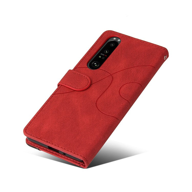 KT Leather Series-1 Bi-color Splicing Style Leather Wallet Phone Cover with Handy Strap for Sony Xperia 1 III 5G - Red