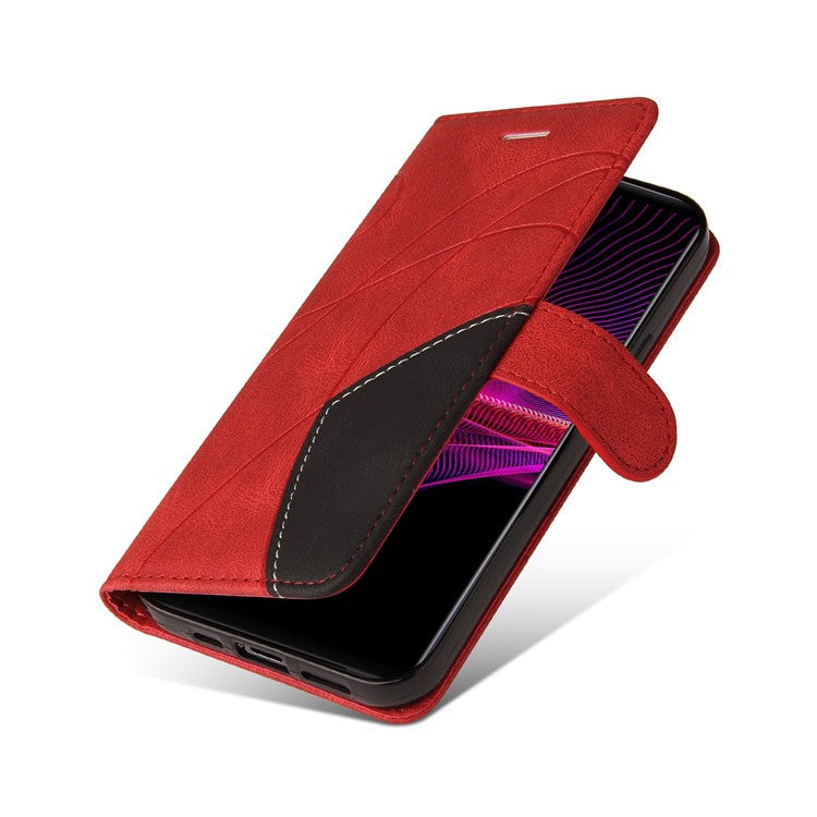 KT Leather Series-1 Bi-color Splicing Style Leather Wallet Phone Cover with Handy Strap for Sony Xperia 1 III 5G - Red
