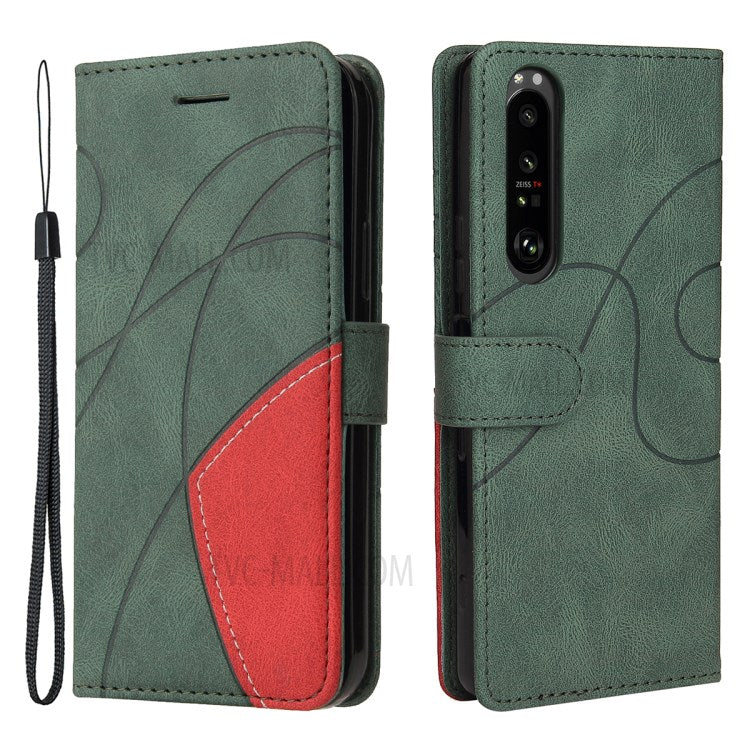 KT Leather Series-1 Bi-color Splicing Style Leather Wallet Phone Cover with Handy Strap for Sony Xperia 1 III 5G - Green