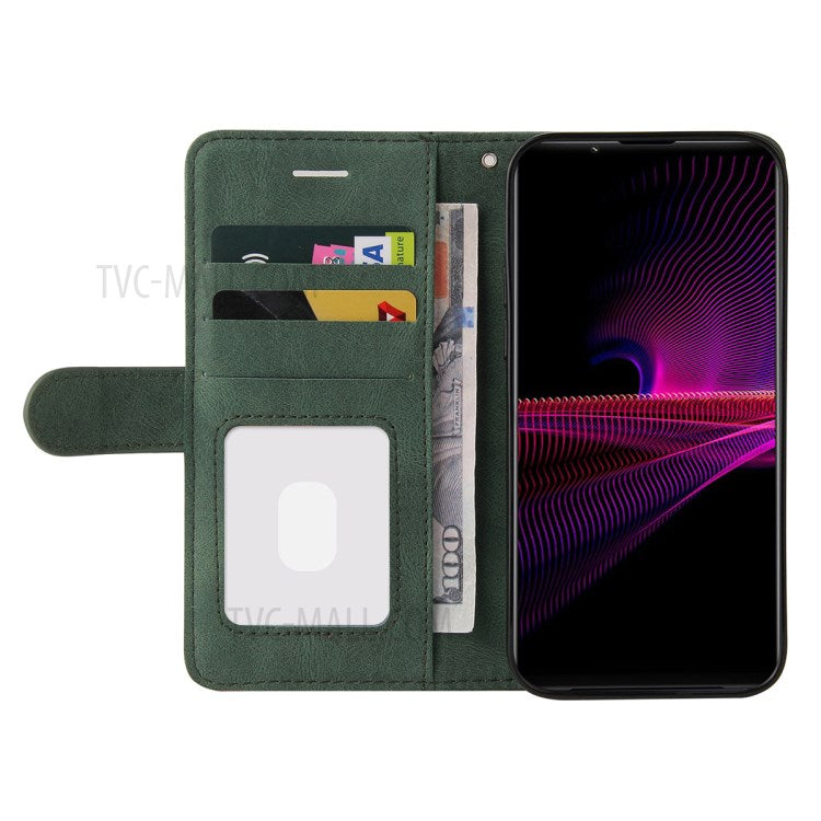 KT Leather Series-1 Bi-color Splicing Style Leather Wallet Phone Cover with Handy Strap for Sony Xperia 1 III 5G - Green