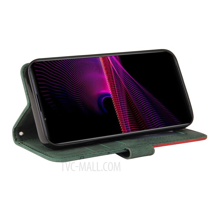 KT Leather Series-1 Bi-color Splicing Style Leather Wallet Phone Cover with Handy Strap for Sony Xperia 1 III 5G - Green