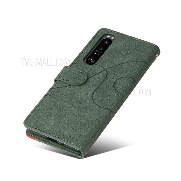 KT Leather Series-1 Bi-color Splicing Style Leather Wallet Phone Cover with Handy Strap for Sony Xperia 1 III 5G - Green
