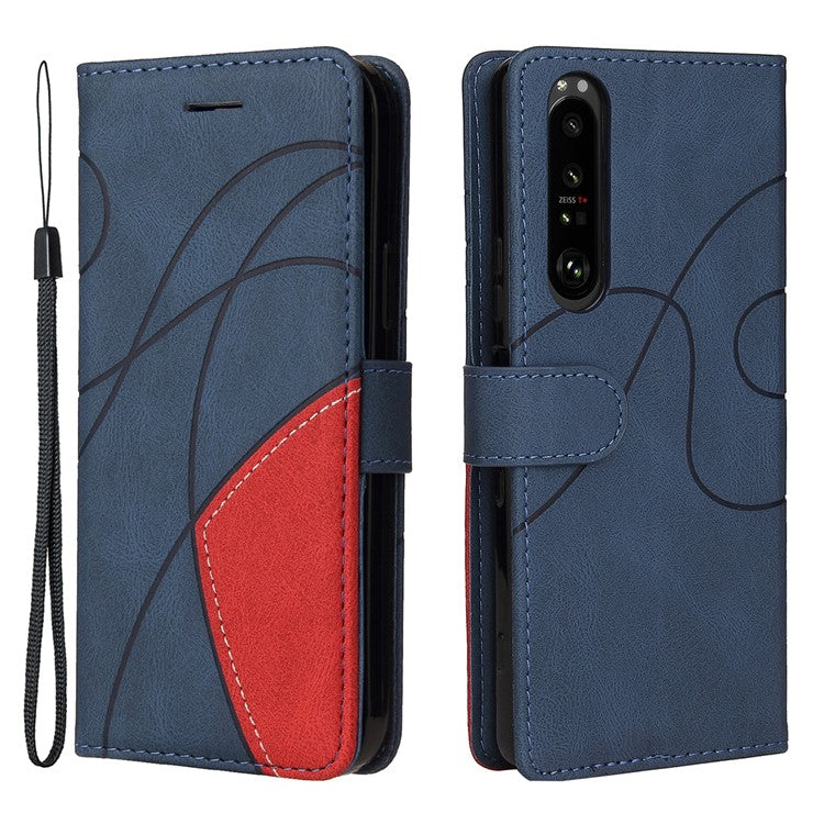 KT Leather Series-1 Bi-color Splicing Style Leather Wallet Phone Cover with Handy Strap for Sony Xperia 1 III 5G - Blue