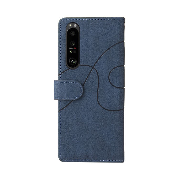KT Leather Series-1 Bi-color Splicing Style Leather Wallet Phone Cover with Handy Strap for Sony Xperia 1 III 5G - Blue