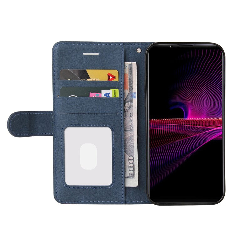 KT Leather Series-1 Bi-color Splicing Style Leather Wallet Phone Cover with Handy Strap for Sony Xperia 1 III 5G - Blue
