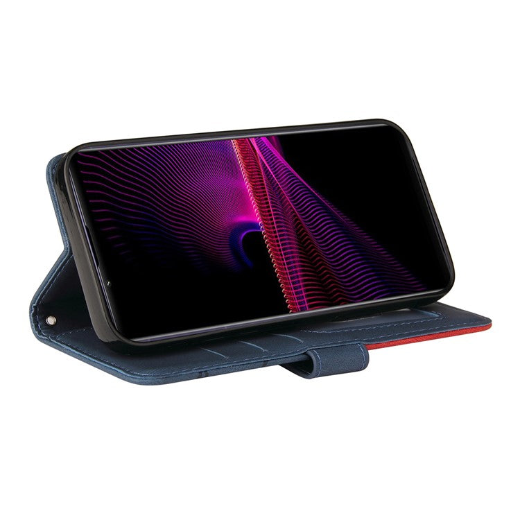 KT Leather Series-1 Bi-color Splicing Style Leather Wallet Phone Cover with Handy Strap for Sony Xperia 1 III 5G - Blue